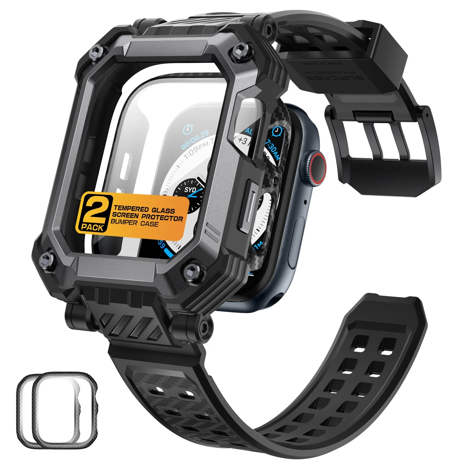 Apple Watch Unicorn Beetle PRO GLASS Rugged Wristband Case with Tempered Glass Screen Protector 45mm(open box)-Black - Image 3