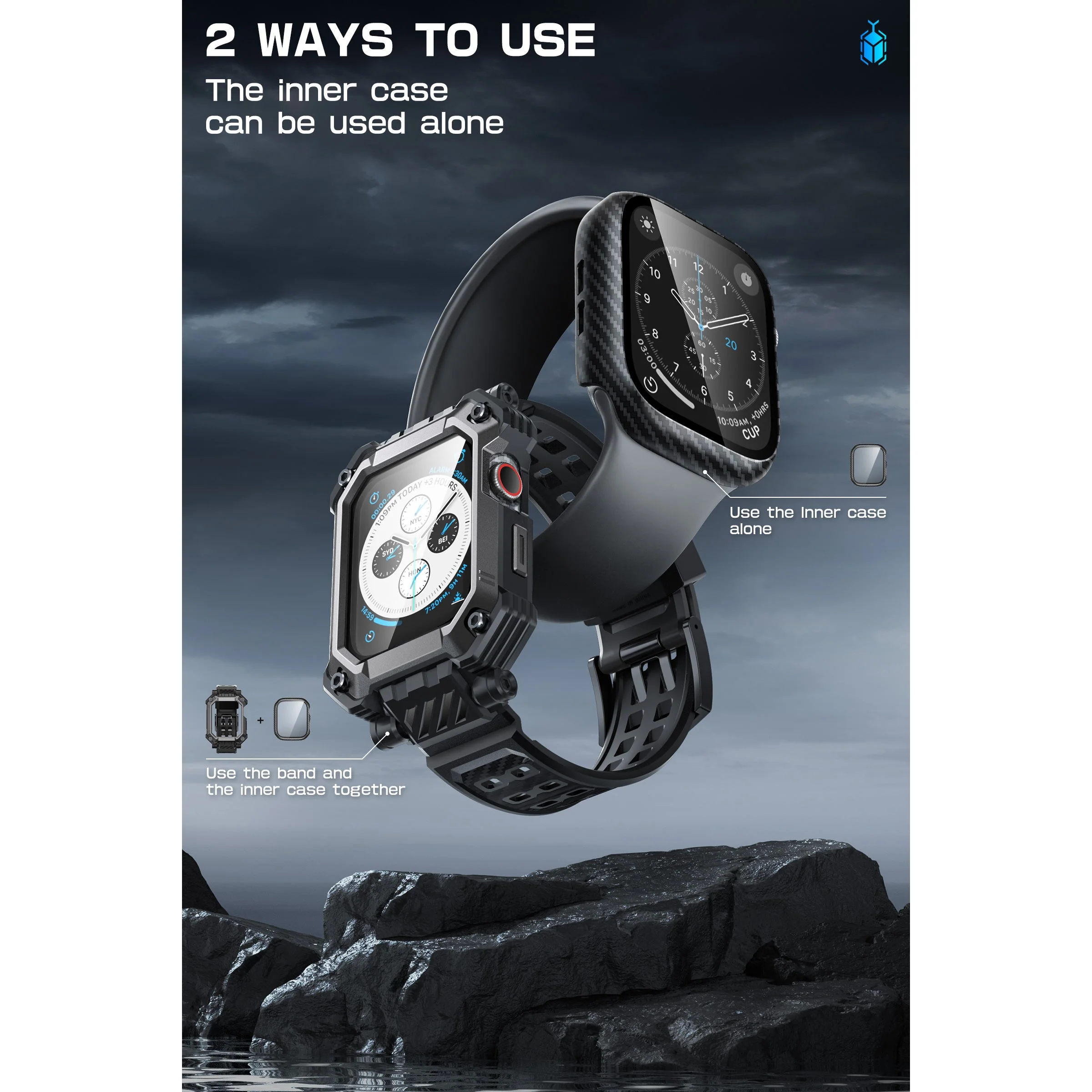 Apple Watch Unicorn Beetle PRO GLASS Rugged Wristband Case with Tempered Glass Screen Protector 45mm(open box)-Black - Image 9