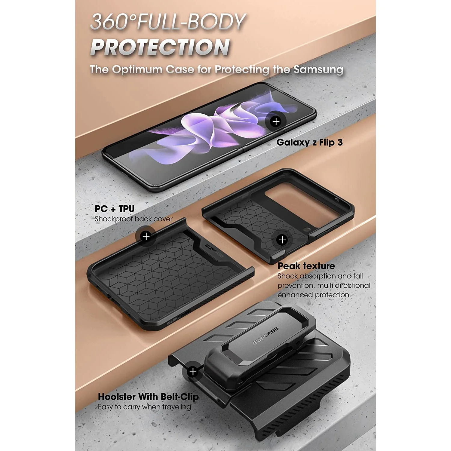 Galaxy Z Flip3 Unicorn Beetle PRO Rugged Case with Belt Clip(open box)-Black - Image 6