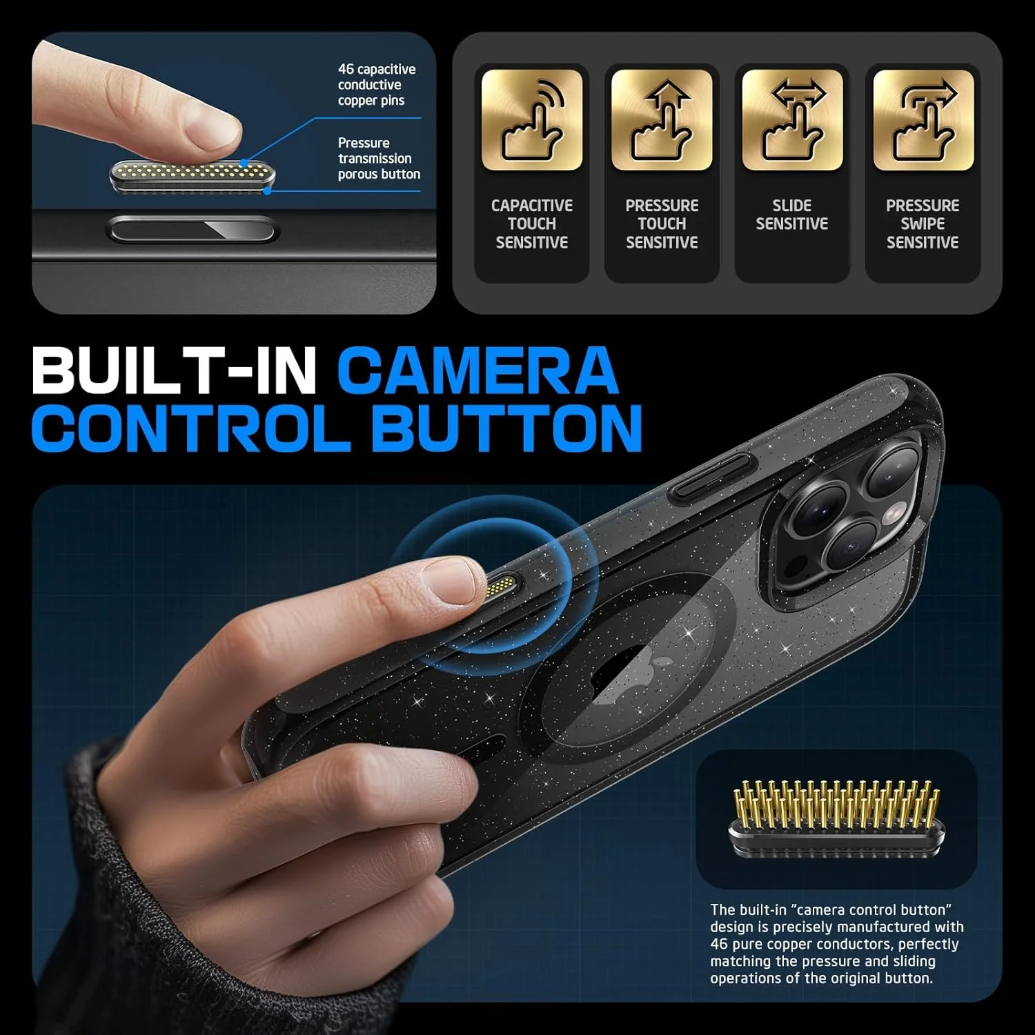 iPhone 16 Pro 6.3 inch Unicorn Beetle MAG Slim Clear MagSafe Camera Control Button Case-Glitter Black - Image 4