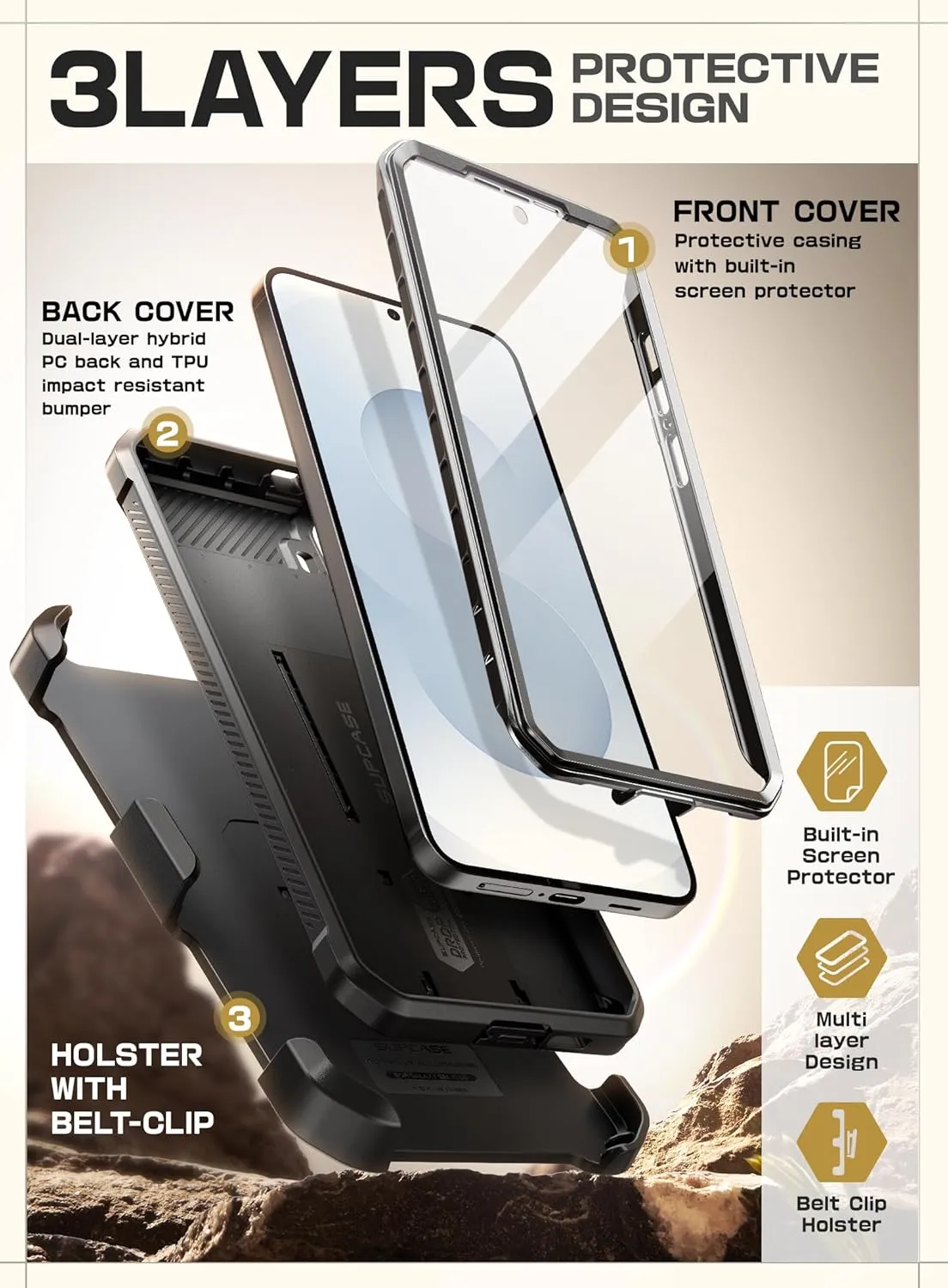 OPEN BOX | UB PRO Series Galaxy S25 FE Phone Case with Stand & Belt-Clip - Black - Image 6
